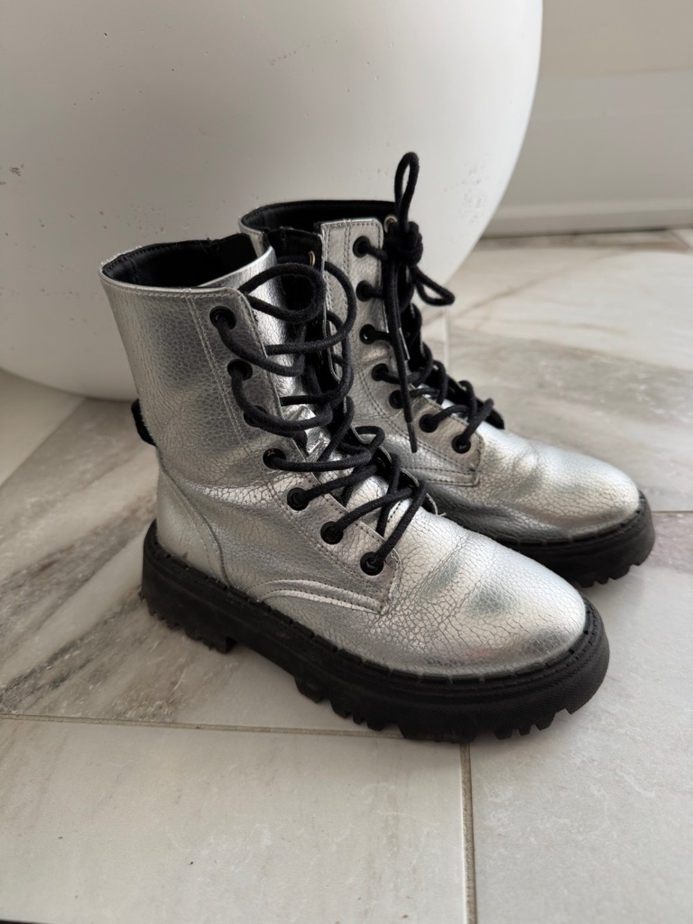 Zara Silver Metallic Lace-Up Kids Combat Boots